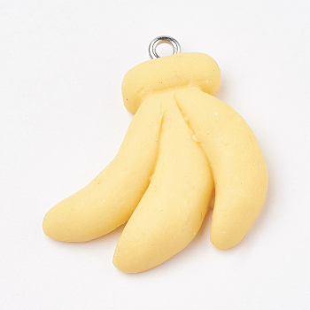 Handmade Polymer Clay Pendants, with Iron Findings, Banana, Platinum, Yellow, 29x27x6mm, Hole: 2mm