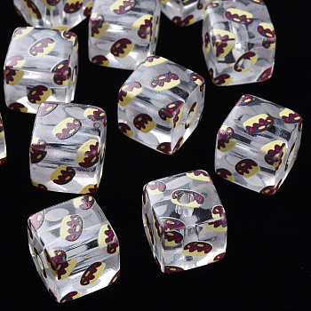 Transparent Printed Acrylic Beads, Square with Cake Pattern, Coconut Brown, 16x16x16mm, Hole: 3mm