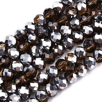 Electroplate Glass Beads Strands, Half Platinum Plated, Faceted, Rondelle, Dark Goldenrod, 4x3mm, Hole: 1mm, about 113~115pcs/strand, 41~42cm
