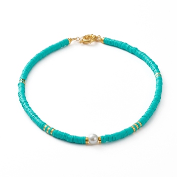 Polymer Clay Heishi Beaded Necklaces, with Round Glass Pearl Beads, Brass Spacer Beads and Spring Ring Clasps, Turquoise, 17-7/8 inch(45.5cm)