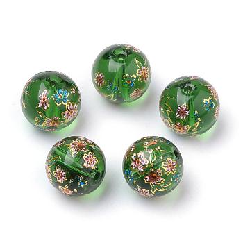 Printed Glass Beads, Round with Flower Pattern, Green, 10x9mm, Hole: 1.5mm