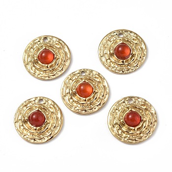 Vacuum Plating 201 Stainless Steel Natural Carnelian Pendants, Real 18K Gold Plated, Flat Round Charms, 19x5mm, Hole: 1.8mm