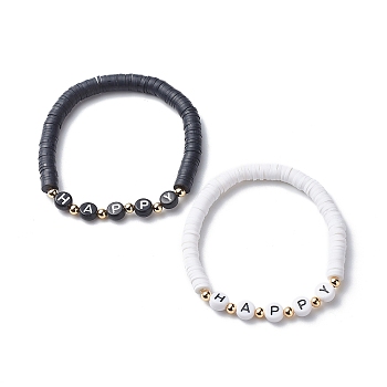 Handmade Polymer Clay Heishi Stretch Bracelets Set, Plastic Happy Beaded Bracelets for Women, White & Black, Inner Diameter: 1-7/8 inch(4.7cm), 2pcs/set