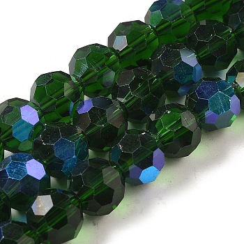 Electroplate Transparent Glass Beads Strands, Faceted, Round, Rainbow Plated, Dark Green, 10mm, Hole: 1.2mm, about 65~69pcs/strand, 23.03~24.49 inch(58.5~62.2cm)