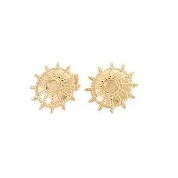 Ion Plating(IP) 304 Stainless Steel Stud Earring Findings, Earring Setting for Enamel, with Ear Nuts and Loops, Helm, Real 14K Gold Plated, 17x17mm, Hole: 2mm, Pin: 0.7mm, Tray: 4mm