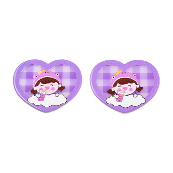 Transparent Printed Acrylic Cabochons, Heart with Girl, Medium Purple, 33x39x2mm