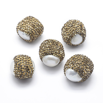 Natural Freshwater Pearl Beads, with Polymer Clay Rhinestone,  Round, White, 16~22x19mm, Hole: 0.8mm