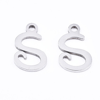 201 Stainless Steel Charms, Laser Cut, Alphabet, Stainless Steel Color, Letter.S, 12x7x1mm, Hole: 1.4mm