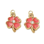 304 Stainless Steel Enamel Pendants, Clover Charms, with Rhinestone, Ion Plating(IP), Real 18K Gold Plated, 19x14x2mm, Hole: 4mm(STAS-K330-06G)