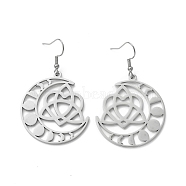 304 Stainless Steel Moon Phase with Sailor's Knot Asymmetrical Earrings, Hollow Out Long Dangle Earrings for Women, Stainless Steel Color, 55mm, Pin: 0.7mm(EJEW-P222-07P)