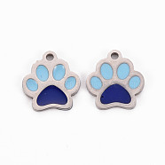 304 Stainless Steel Enamel Charms, Stainless Steel Color, Dog Paw Prints, Dark Blue, 13x12x1mm, Hole: 1.5mm(STAS-Q242-036E)
