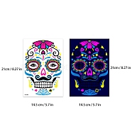 Heat Tranfer Luminous Printing Body Art Face Tattoo Sticker, Skull, for Halloween, Colorful, 21x14.5cm(PW-WG23340-04)