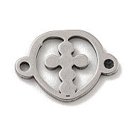 201 Stainless Steel Hollow Connector Charms, Heart Links with Cross, Stainless Steel Color, 10x14x1mm, Hole: 1.2mm(STAS-S146-11P)