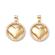 Rack Plating Brass Micro Pave Clear Cubic Zirconia Pendants, Lead Free & Cadmium Free, Flat Round with Heart, Real 18K Gold Plated, 19.8x17.5x2.4mm, Hole: 5mm(KK-M221-02G-RS)