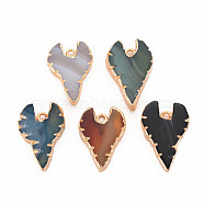 Natural Agate Pendants, with Light Gold Plated Iron Findings, Dyed & Heated, Heart, Mixed Color, 27.5~31x20~21x5~6.5mm, Hole: 2mm(G-N326-122)
