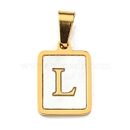 PVD Vacuum Plating 304 Stainless Steel Pave Natural White Shell Pendants, Rectangle with Letter Charms, Golden, Letter L, 17.5x12x1.5mm, Hole: 6x3mm(STAS-S130-03G-L)