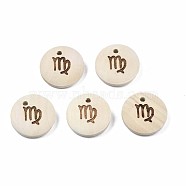 Laser Out Wood Pendants, Flat Round with 12 Constellations, Undyed, Virgo, 15x4mm, Hole: 1.6mm(WOOD-S053-51E)
