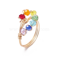 Colorful Glass Teardrop Finger Ring, Brass Wire Wrap Finger Ring, Light Gold, Inner Diameter: 19mm(RJEW-JR00653)