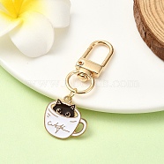 Coffee Cup with Cat Alloy Enamel Pendant Decoration, with Alloy Swivel Clasps, White, 53mm(HJEW-YW00025-01)