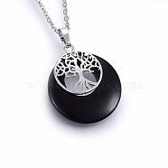 Natural Black Agate Pendant Necklaces, with 304 Stainless Steel Findings, Flat Round with Tree, 19.68 inch(50cm), Pendant: 40x28x6mm(NJEW-P228-A01)