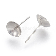 Stainless Steel Stud Earring Findings, 304 stainless pin with 201 stainless tray, For Half Drilled Beads, Flat Round, Stainless Steel Color, 14~14.5x8mm, Pin: 0.7mm(STAS-F186-02P-8mm)