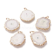 Dyed Natural Druzy Solar Quartz Crystal Pendants, Edge Plated, with Brass Bails, Sunflower, Golden, White, 40~50x30~45x5~6mm, Hole: 4x6mm(G-F693-01I-G)