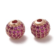 925 Sterling Silver Micro Pave Cubic Zirconia Beads, Round, Rose Gold, Fuchsia, 8x7.5mm, Hole: 2.2mm(STER-H110-24B-06RG)