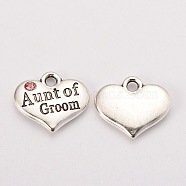 Antique Silver Tone Tibetan Style Heart with Aunt of Groom Rhinestone Charms, Wedding Theme, Light Rose, 14x16x3mm, Hole: 2mm(X-TIBEP-N005-01D)