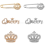 6Pcs 6 Style Crystal Rhinestone Crown Safty Pin Brooch, Alloy Lapel Pin for Backpack Clothes, Platinum & Golden, 16~30.5x35~63x8.5~9.5mm, Pin: 0.7~1.5mm, 1pc/style(JEWB-CA0001-28)