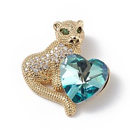 Real 18K Gold Plated Rack Plating Brass Micro Pave Clear Cubic Zirconia Pendants, with Glass, Long-Lasting Plated, Cadmium Free & Lead Free, Leopard with Heart Charm, Cyan, 24x22x8mm, Hole: 5x3mm(KK-C015-14G-10)