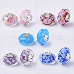 Handmade Lampwork European Beads, Inner Flower, Large Hole Beads, with Silver Color Plated Brass Single Cores, Rondelle, Mixed Color, 14x7.5mm, Hole: 4mm(LAMP-S193-004-M)