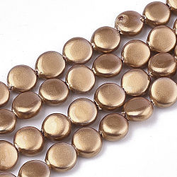 Spray Painted Shell Pearl Beads Strands, Flat Round, Camel, 6x3mm, Hole: 0.8mm, about 59pcs/Strand, 14.37 inch(36.5cm)(SSHEL-R045-01)