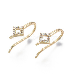 Brass Micro Pave Cubic Zirconia Earring Hooks, Nickel Free, with Horizontal Loop, Rhombus, Clear, Real 18K Gold Plated, 18x6.5mm, Hole: 0.9mm, Pin: 1mm(X-KK-T063-018-NF)