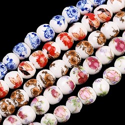 Floral Printed Porcelain Beads, Flower Patterned Ceramic Round Beads, Mixed Color, 6mm, Hole: 2mm, about 60pcs/strand, 12.5~13.58 inch(PORC-L004-6mm-M)
