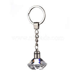 Diamond Shape Faceted Glass Keychain, with Platinum Plated Iron Split Key Rings, Clear, 96mm, Pendants: 30.5x30mm(KEYC-F032-A07)