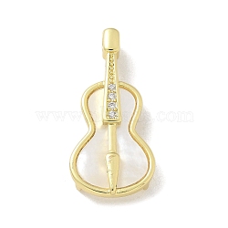 Brass Micro Pave Cubic Zirconia Pendants, Shell Charms, Real 18K Gold Plated, Guitar, 25x12x3.5mm, Hole: 1.9mm(KK-M300-20G-02)