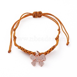 Adjustable Nylon Cord Braided Bead Bracelets, with Rose Glod Plated Brass Micro Pave Clear Cubic Zirconia European Dangle Charms, Bowknot, Chocolate, Inner Diameter: 1-1/8~3-3/8 inch(3~8.5cm)(BJEW-JB05829-02)