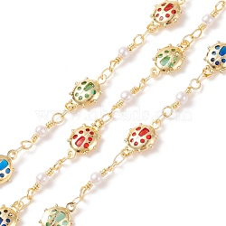 Brass Ladybug Link Chains, with Glass & Imitation Pearl Beaded, Soldered, with Spools, Cadmium Free & Lead Free, Real 18K Gold Plated, Colorful, 13x8x2.5mm, 12x3mm(CHC-P009-22G)