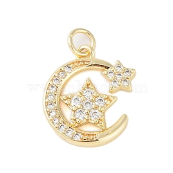 Rack Plating Brass Micro Pave Clear Cubic Zirconia Pendants, Long-Lasting Plated, Lead Free & Cadmium Free, Moon with Star, with Jump Ring, Real 18K Gold Plated, 18.5x14.5x2.5mm, Hole: 3mm(KK-Z060-19G)