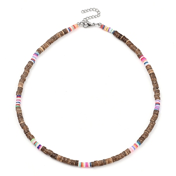 Beaded Necklaces, with Natural Coconut Beads, Polymer Clay Heishi Beads and 304 Stainless Steel Lobster Claw Clasps, Stainless Steel Color, 16.25 inch(41.3cm)