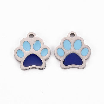 304 Stainless Steel Enamel Charms, Stainless Steel Color, Dog Paw Prints, Dark Blue, 13x12x1mm, Hole: 1.5mm