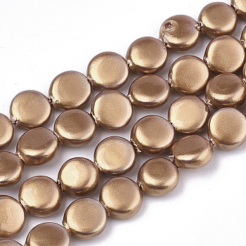 Spray Painted Shell Pearl Beads Strands, Flat Round, Camel, 6x3mm, Hole: 0.8mm, about 59pcs/Strand, 14.37 inch(36.5cm)