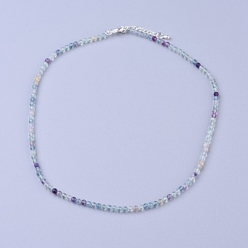 Natural Fluorite Beaded Necklaces, with Brass Lobster Claw Clasps, Faceted Round Beads, 16.5 inch~16.7 inch(42~42.5cm)x2mm