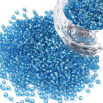 12/0 Grade A Round Glass Seed Beads, Silver Lined, Deep Sky Blue, 12/0, 2x1.5mm, Hole: 0.3mm, about 30000pcs/bag