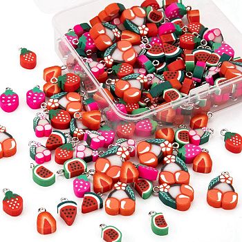 140Pcs 7 Styles Handmade Polymer Clay Pendants, with Platinum Iron Loop, Imitation Food, Strawberry, Watermelon, Cherry, Mixed Color, 12.5~21.5x8~13x4~6mm, Hole: 1.8~2mm, 7 style, 20pcs/style