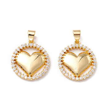 Rack Plating Brass Micro Pave Clear Cubic Zirconia Pendants, Lead Free & Cadmium Free, Flat Round with Heart, Real 18K Gold Plated, 19.8x17.5x2.4mm, Hole: 5mm