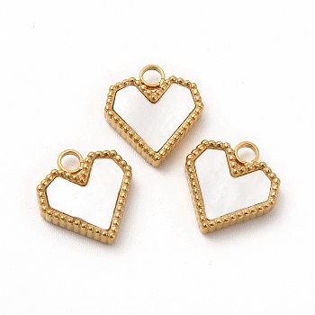 Vacuum Plating 304 Stainless Steel Heart Charms, with White Shell, Golden, 12x11x3mm, Hole: 2mm