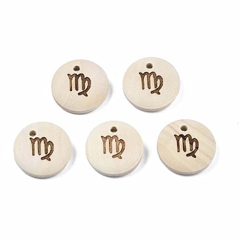 Laser Out Wood Pendants, Flat Round with 12 Constellations, Undyed, Virgo, 15x4mm, Hole: 1.6mm