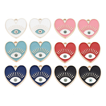 Rack Plating Alloy Enamel Pendants, Cadmium Free & Nickel Free & Lead Free, Heart with Eye, Light Gold, Mixed Color, 20x20x2mm, Hole: 1.8mm