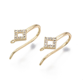 Brass Micro Pave Cubic Zirconia Earring Hooks, Nickel Free, with Horizontal Loop, Rhombus, Clear, Real 18K Gold Plated, 18x6.5mm, Hole: 0.9mm, Pin: 1mm